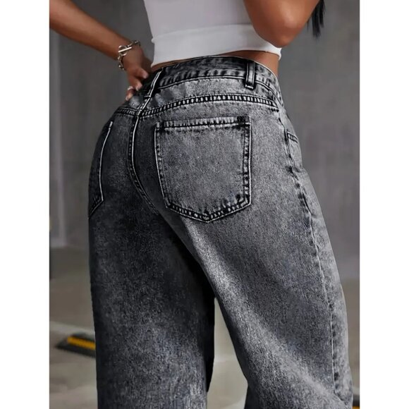 Women's High-Waist Straight Leg Jeans – Medium Stretch Denim with Snowflake Wash - Picture 4 of 5